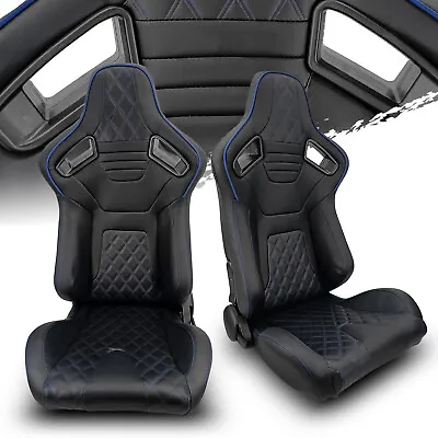 Black PVC Leather/Blue Stitch Left/Right Racing Seats Pair W/slider • $306.38