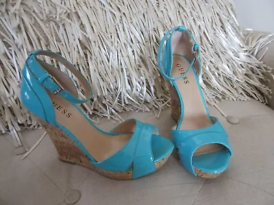 Guess Shoes Turquoise Womens Size 7M VGC Platform Wedge 5  Heel Ankle Strap • $8.99