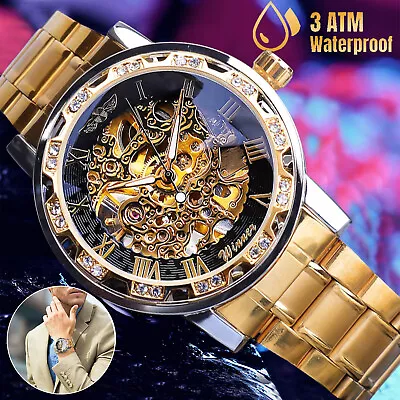 Luxury Men's Watch Automatic Mechanical Stainless Steel Gold Tone Skeleton Wrist • $21.98