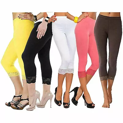 Womens 3/4 Length Leggings Ladies Floral Lace Cropped Trim Edge Jeggings Pants • £7.95