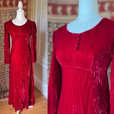 Vintage 80s Red Crushed Velvet Gothic Witchy Prairie Dress Size XS/S • $48