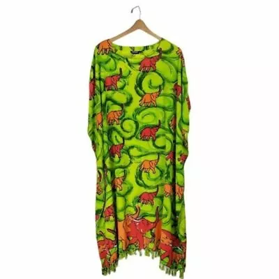 Jackpot Womens Lime Green Rayon Elephant Fringe Kaftan Muumuu Mrs Roper • $9.76