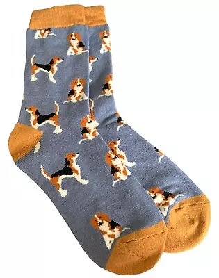 Beagle Dog Socks Ladies Blue Mustard Bamboo Cotton Dogs Print Shoe Size 4 - 7 • £8.99