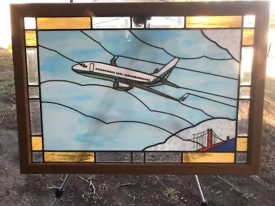 VINTAGE HUGE STAINED GLASS 737 JET AIRPLANE & San Francisco Golden Gate Bridge  • $2800