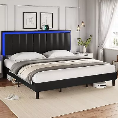 King Modern Faux Leather Upholstered Platform Bed Frame With LED Headboard Black • $199.99