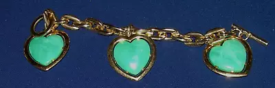 Vintage 70's Goldtone Large Link Bracelet Chunky With Green Plastic Heart Charms • $18.98