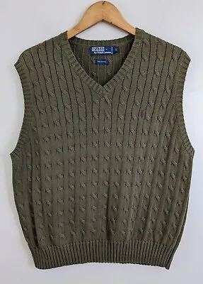 Polo Ralph Lauren Cable Knit V-Neck Sweater Vest Mens L 100% Cotton Olive Green • $59.25