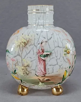 Bohemian Harrach Hand Enameled Lady & Flowers Malachite Glass Vase Circa 1870s • $195