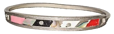 Vintage Mexico Inlaid Opal Abalone Gemstone Sterling Silver Bangle Bracelet 925  • $24.99