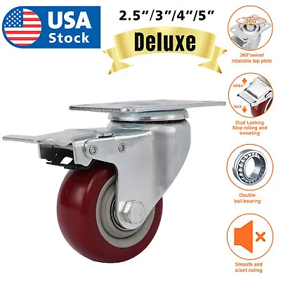 US 3  4  5  Caster Wheels Swivel Plate Total Lock Brake On Red Polyurethane • $26.98