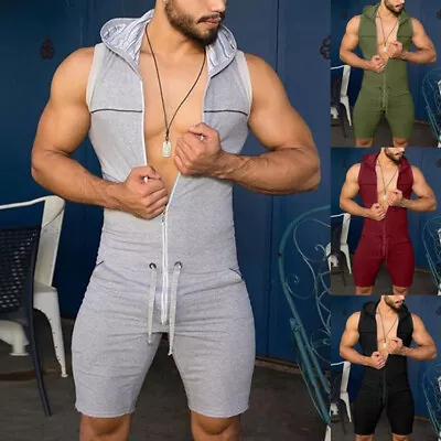 Men's Bodysuits Sleeveless Hooded Zip Cargo Pants Jumpsuit Vest One-piece Romper • $28.99