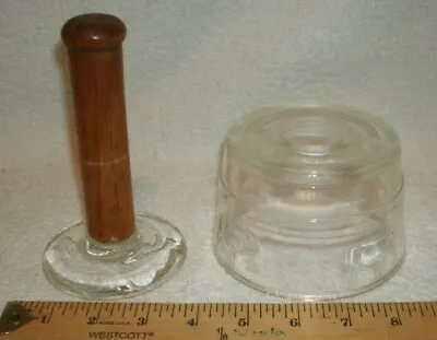 Rare Vintage Glass Butter Press Butter Mold With Wood Handle And COW Stamps • $75