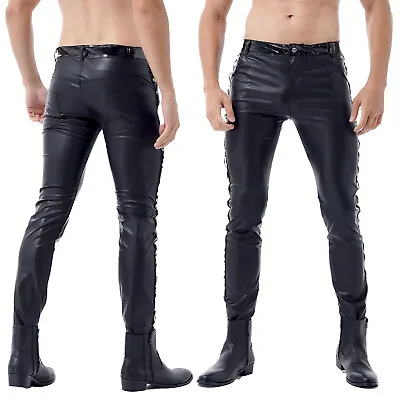 US Mens Faux Leather Pants Punk Rock Trouser Tight Gothic Motorcycle Biker Pants • $21.39