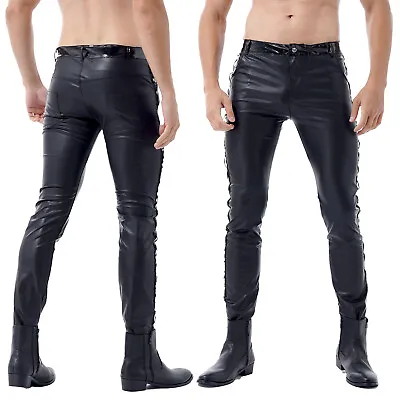 US Mens Stretch Tight Wet Look PU Leather Pants Gothic Slim Trousers Black • $19.52