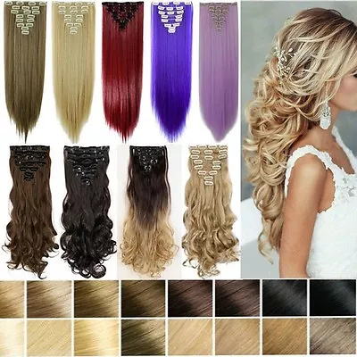 100% Real Natural Full Head Clip In Hair Extensions 8Pcs Straight Wavy Synthetic • $18.80