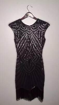 Babeyond Women's Fully Beaded Fringe Flapper Dress XS Black Sequins Costume WW • $31.98