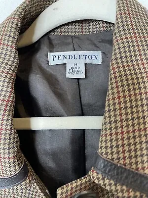 Pendleton Size 14 Women’s Blazer Jacket Houndstooth Leather Trim Virgin Wool • $30