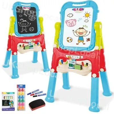 Kids Folding Double Sided Magnetic Drawing Board Easel With Colour Chalk Eraser • £28.99