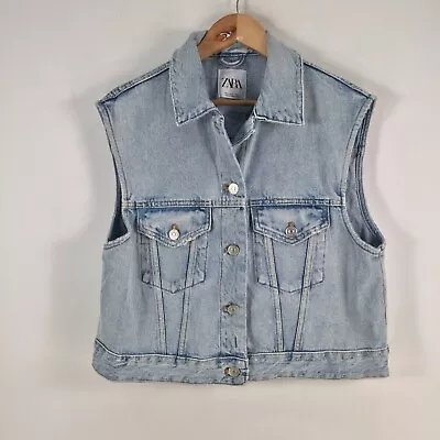 Zara Womens Denim Vest Jacket Size M Blue Sleeveless Collar Cotton 070880 • $22.80