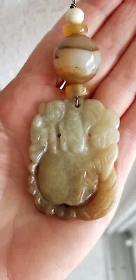 Vintage Asian Mutton Fat Jade  Momotaro  Carved Double Sided Longevity Pendant • $185