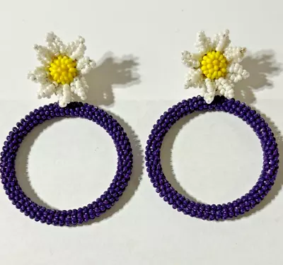 Alison Lou X J Crew Beaded Drop Earrings Flower Purple Plum White Yellow Daisy • $12.34