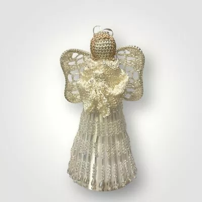 Vintage White Crochet Lace & Beads Angel Christmas Tree Topper/ Ornament 7.5”T • $20