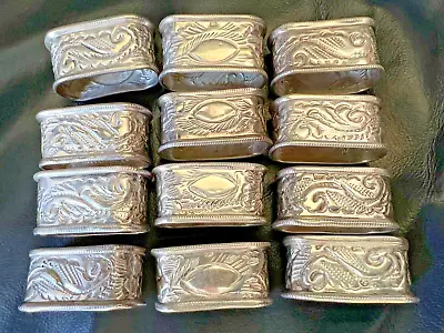 139gr Set 12 VTG 89% Solid Silver Scrolls Repousse Napkin Holders~Origin. Pouch • $300