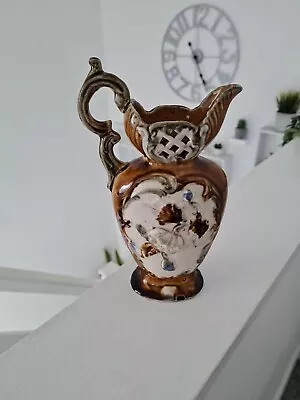 Antique Ornate Majolica Reticulated Diamond Flower Pitcher Jug Vase • £30