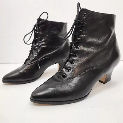 VINTAGE Worthington Black Leather Pointed Toe Victorian Granny Ankle Boots Sz 6 • $31.99