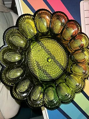 Vintage Indiana Glass Deviled Egg Tray Juniper Green Hobnail 11.5 Inch • $15