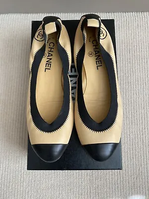 CHANEL Beige/black Ballerinas With Elastic. Size 38 • £310