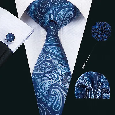Men's Tie Silk Ties Mens Necktie Pocket Square Cufflinks Set Hankie Cufflinks UK • £9.59