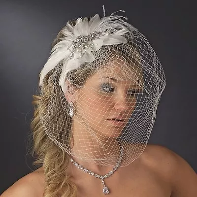 Vintage White Or Ivory Feather Birdcage Bridal Veil W/Rhinestone Pearl Hair Clip • $139.99