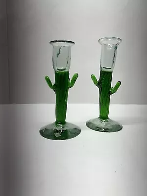 Vtg Blown Glass Green Cactus Candle Holders - Made In Mexico • $26