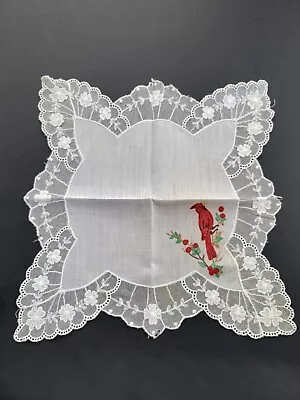 Vintage Ladies Hankie White Lace Hand Painted Cardinal • $3