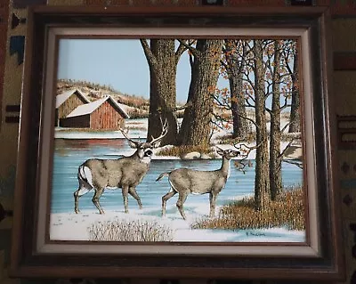 H Hargrove Oil Painting Deer Doe & Buck Winter Farm Signed • $74.99