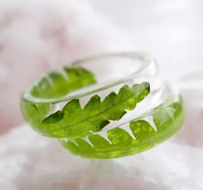 Clear Resin Fern Leaf Ring Engagement Ring Elven Jewelry Green Ring For Her • $23