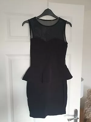 Miss Selfridge Black Mesh And Peplum Ribbed Jersey Mini Dress - Size 10 - VGC • £10