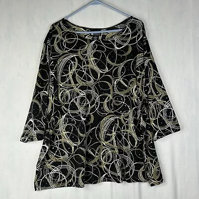 Maggie Barnes Top Womens 3X Black Gold Sequin Evening Shirt Stretch 3/4 Sleeve • $22