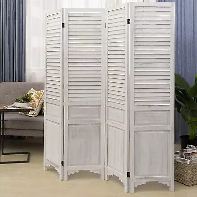 4-Panel Vintage White Wood Louvered Folding Room Divider W/ Dual-Action Hinges • $199.99