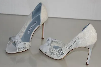 NEW MANOLO BLAHNIK SILVANU Lace D'Orsay Ivory Blue Peep Toe Shoes 38 40 Wedding  • $399.99