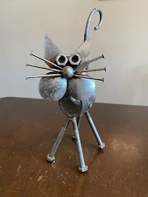 Metal Cat Ornament Made From Nuts And Bolts Tail Is Springy • £8