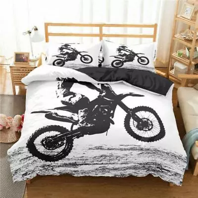 Black White Motocross Motorcycle Print Quilt Duvet Cover Set Bed Linen Twin • $54.99