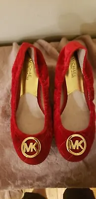 New MICHAEL KORS Fulton Quilted Red Velvet Ballet Flat Wo's 6.5M Gold Logo Charm • $45