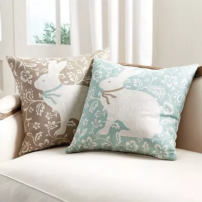 Ballard Designs Beatrix Linen Throw Pillow 18” X 18” Tan Blue Brown Rabbit • $30