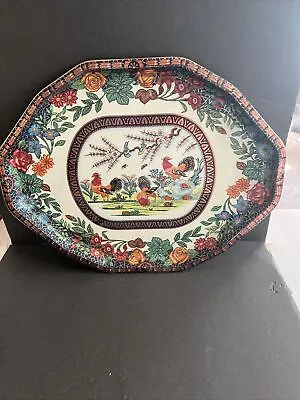 Vintage Daher Decorated Ware England Tin Metal Painted Large Tray Floral Rooster • $18