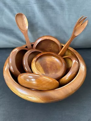 9 PIECE WOODEN BOWL SET Vintage Large Serving Bowl 6 Personal Bowls & Utencils • $6