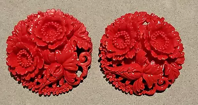 Vintage Celluloid Clip-On Earrings Red Flowers Early Plastic Estate READ • $24.99