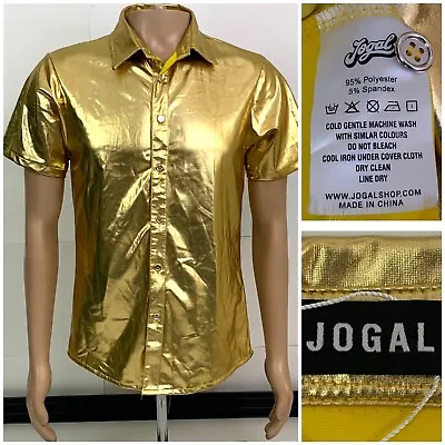 Jogal Gold Metallic Button Up Short Sleeved Shirt Sz   M Men's Disco EXCELLENT C • $59.50