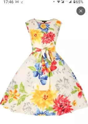 Cream Flower Print Swing Dress 50s Uk10 • £7.99